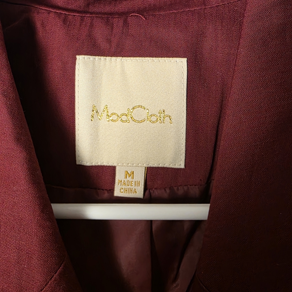 ModCloth Burgundy Trench Coat Belted Jacket Navy Piping Vintage Inspired - Picture 3 of 8